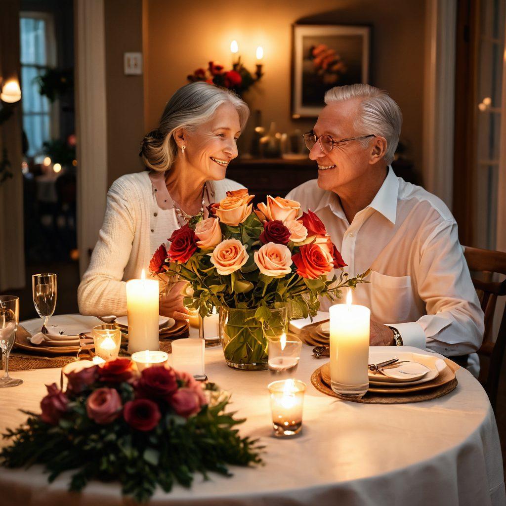 A cozy, candlelit dinner scene featuring an older couple sharing a heartfelt moment over a beautifully arranged table with flowers and soft lighting, symbolizing deep connection and romance. In the background, subtle hints of years spent together, such as framed photos of their journey, blended with vibrant colors that evoke warmth and love. romantic ambiance, full of cozy details. super-realistic. warm tones.