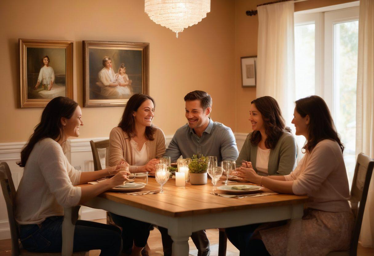 A warm, inviting scene depicting a family gathered around a dining table, engaged in open conversation, with a couple passionately holding hands in the foreground. The background features soft, warm lighting and family photos on the walls, symbolizing strong bonds and intimacy. Subtle heart motifs are interwoven throughout the decor, emphasizing love and connection. gentle colors. family-oriented. heartwarming atmosphere.