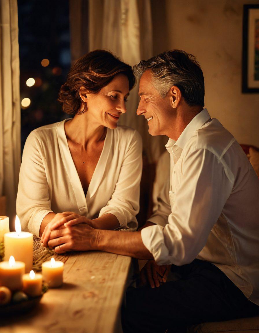 A warm, intimate scene depicting a mature couple sharing a heartfelt conversation, surrounded by soft candlelight and a cozy atmosphere. In the background, elements symbolizing romance, such as flowers and soft fabric textures, create an inviting space. The couple gazes into each other's eyes, conveying deep emotional connection and understanding. Include subtle hints of laughter and joy in their expressions. super-realistic. warm colors. soft focus.